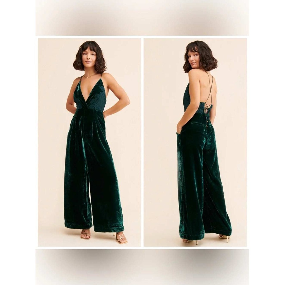 Free People Green Velvet Wide Leg Jumpsuit Blake Sz 0 Floral Embroidered